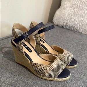 Chic Navy and Beige Wedge Sandals